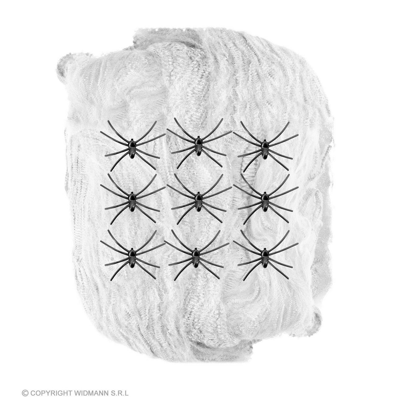 Op deze afbeelding zie je een Decoratie, van het merk Widmann. Spinnenweb Wit Met 9 Zwarte Spinnen 200 Gram