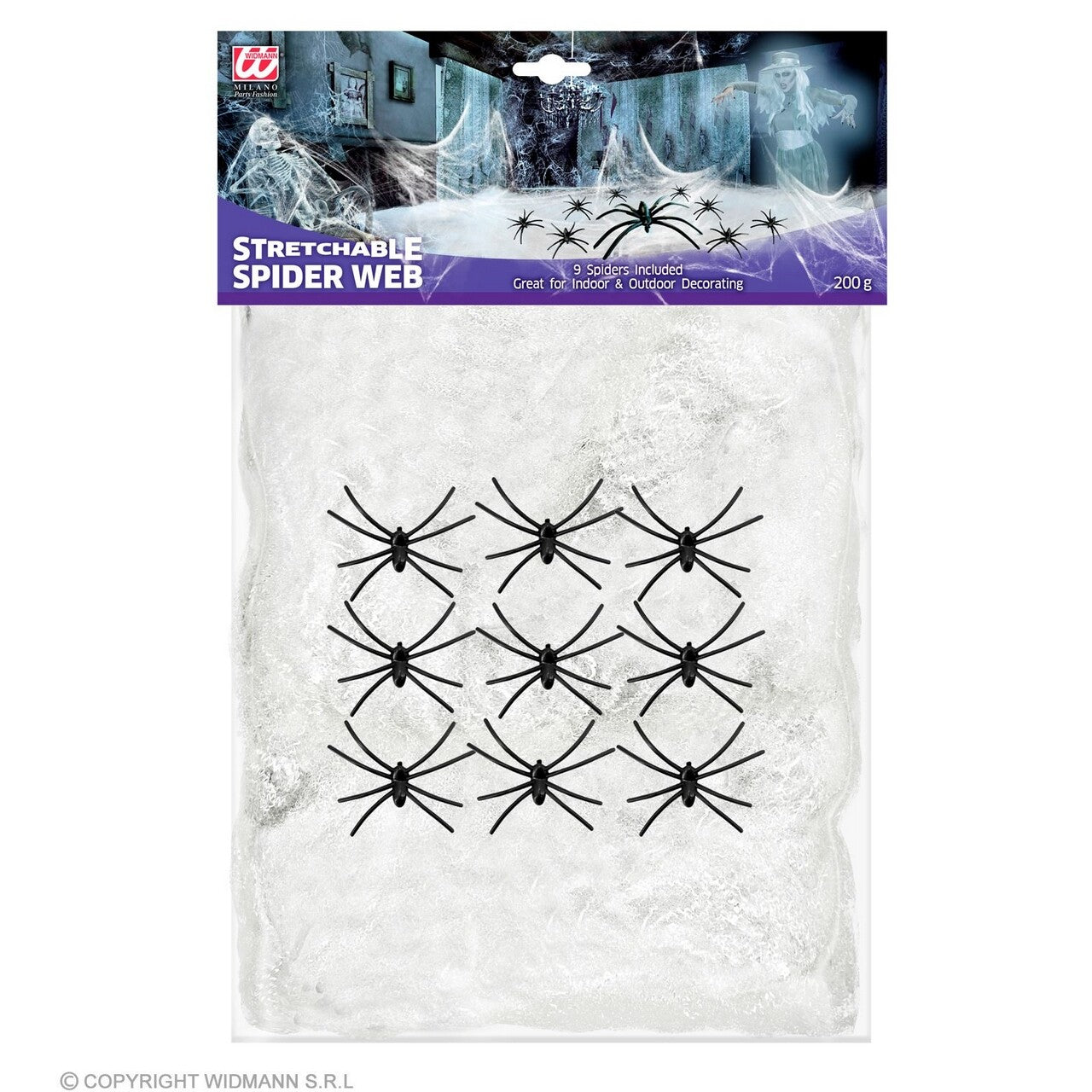 Op deze afbeelding zie je een Decoratie, van het merk Widmann. Spinnenweb Wit Met 9 Zwarte Spinnen 200 Gram