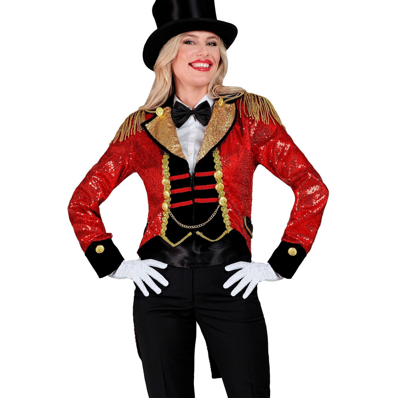 Op deze afbeelding zie je een Kostuums, van het merk Widmann. Circus Dompteur Pailletten Jas Vrouw