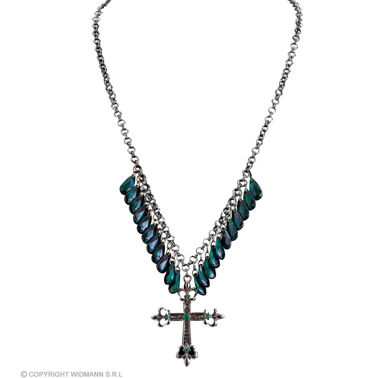 Op deze afbeelding zie je een Accessoires, van het merk Widmann. Smaragdgroene Stenen Met Kruis Ketting