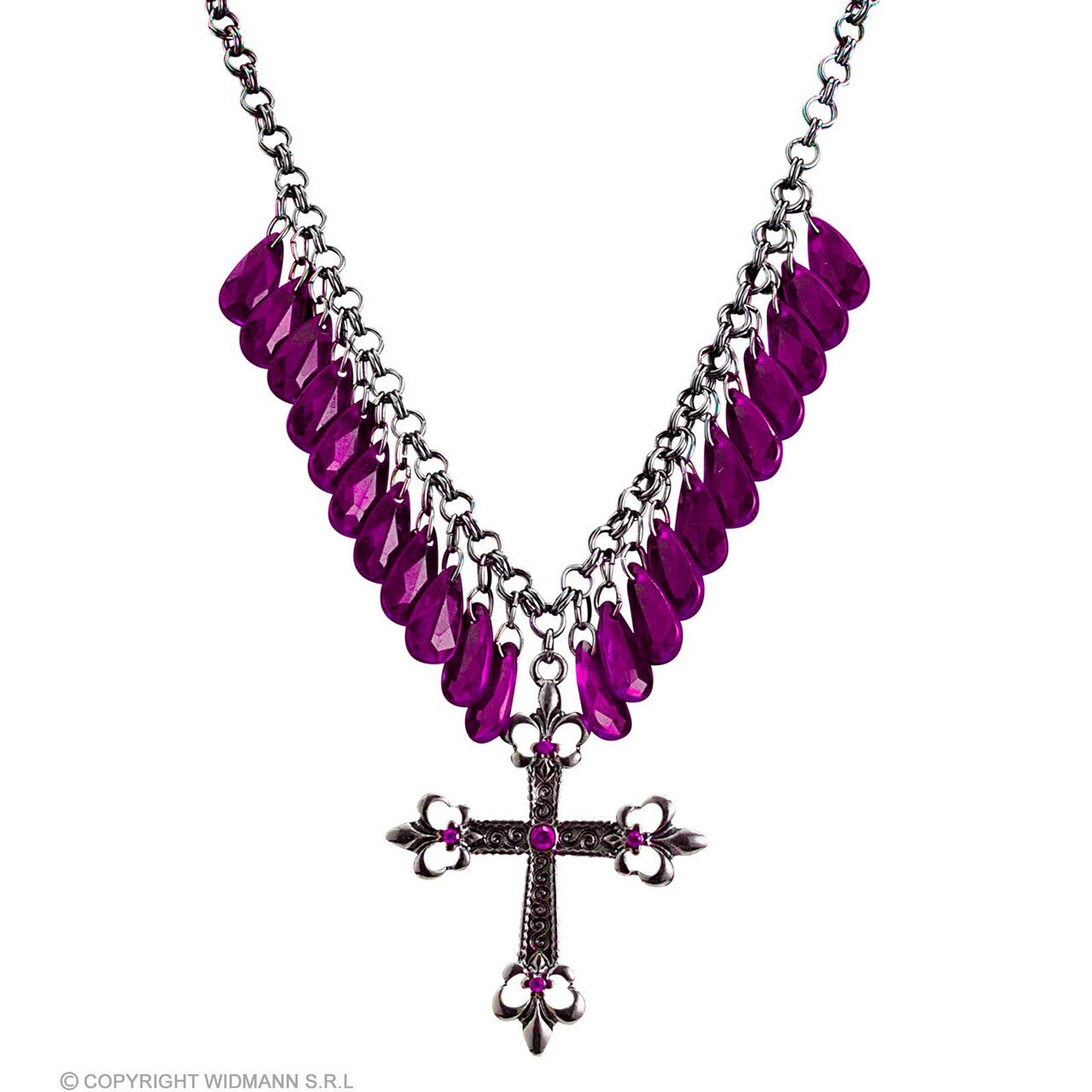 Op deze afbeelding zie je een Accessoires, van het merk Widmann. Paarse Steentjes Met Kruis Ketting