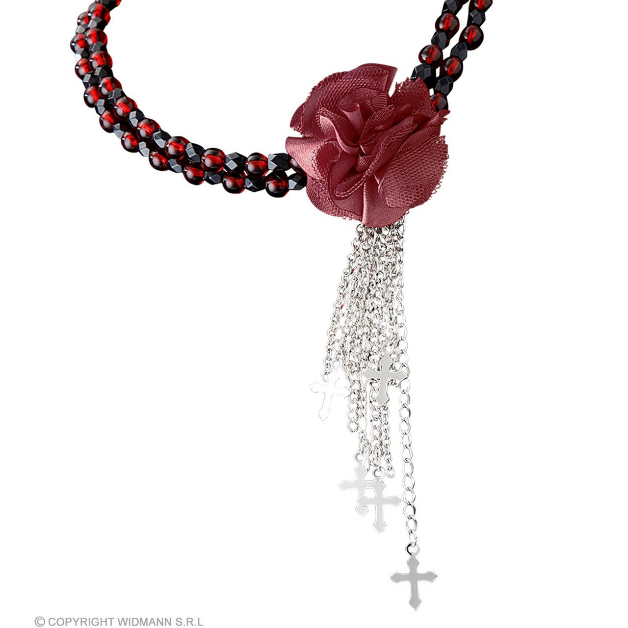 Op deze afbeelding zie je een Accessoires, van het merk Widmann. Religieuze Choker Met Roos En Kruisjes Rood