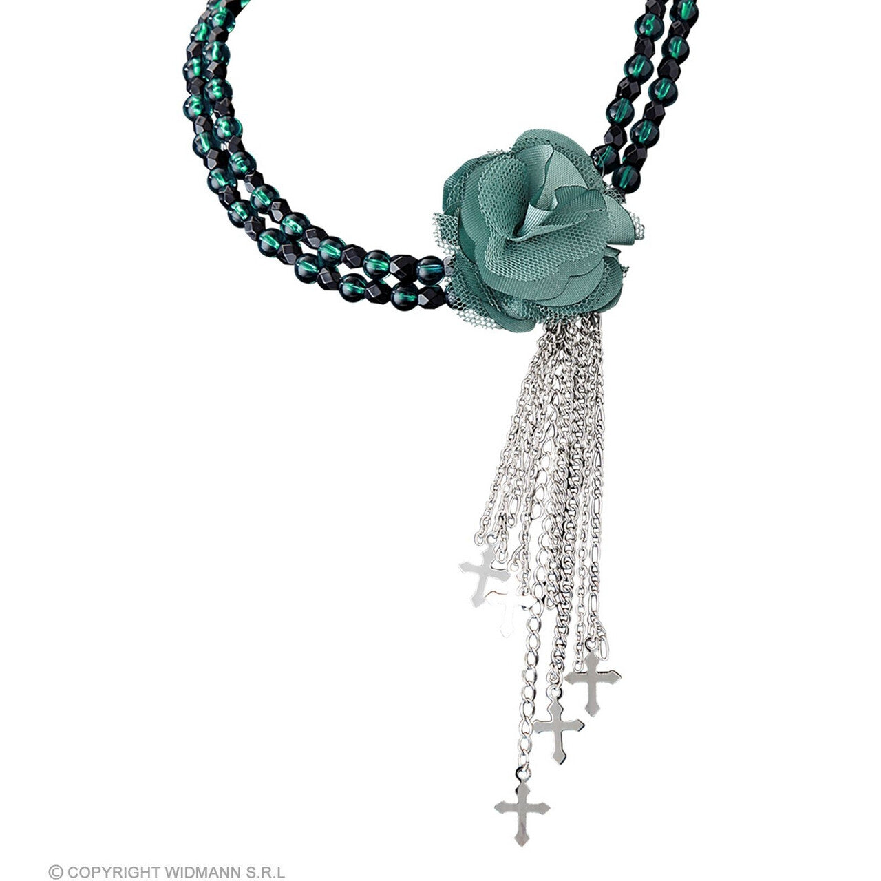 Op deze afbeelding zie je een Accessoires, van het merk Widmann. Religieuze Choker Met Roos En Kruisjes Groen