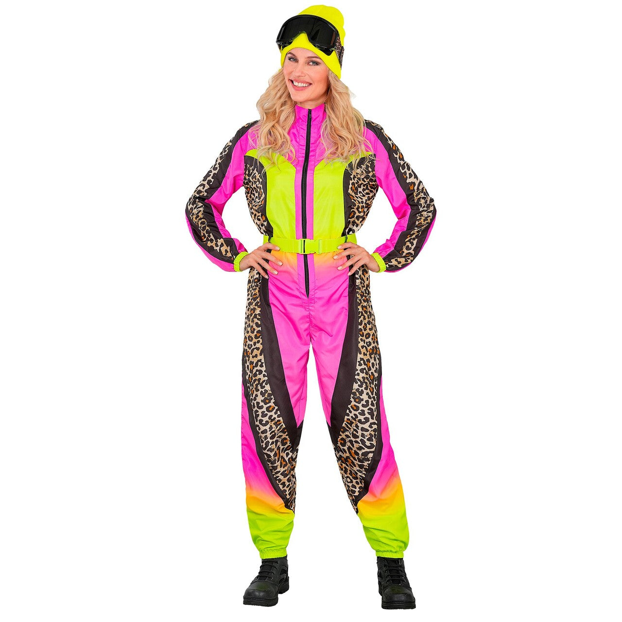 Op deze afbeelding zie je een Kostuums, van het merk Widmann. 90s Fout Ski Pak Roze Panterprint Vrouw