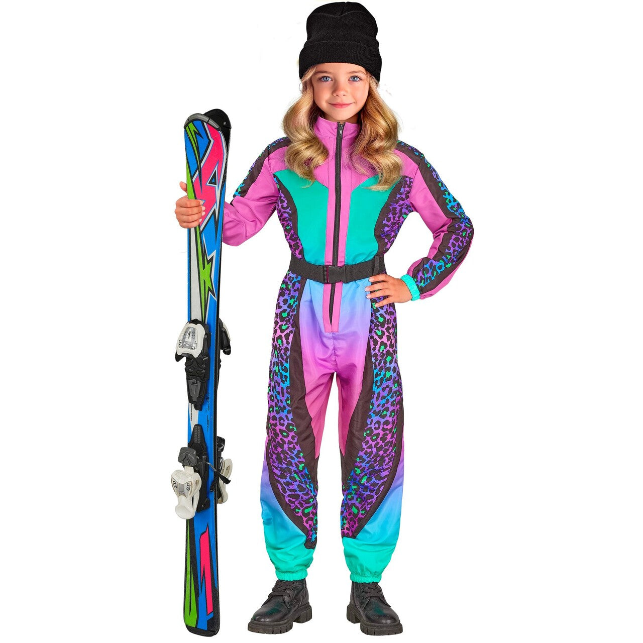 Op deze afbeelding zie je een Kostuums, van het merk Widmann. Wildebras 90s Ski Pak Meisje