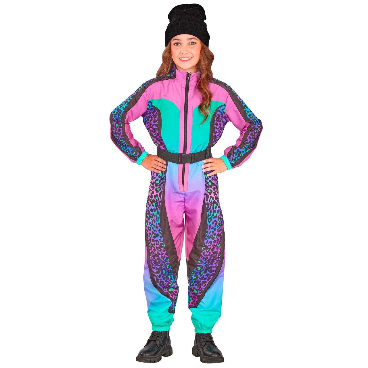 Op deze afbeelding zie je een Kostuums, van het merk Widmann. Wildebras 90s Ski Pak Meisje