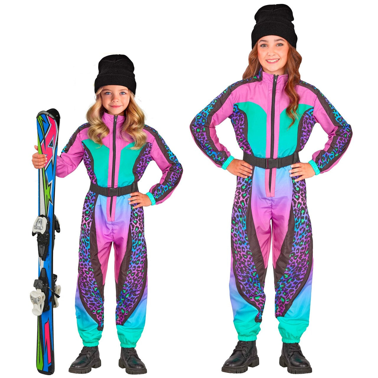 Op deze afbeelding zie je een Kostuums, van het merk Widmann. Wildebras 90s Ski Pak Meisje