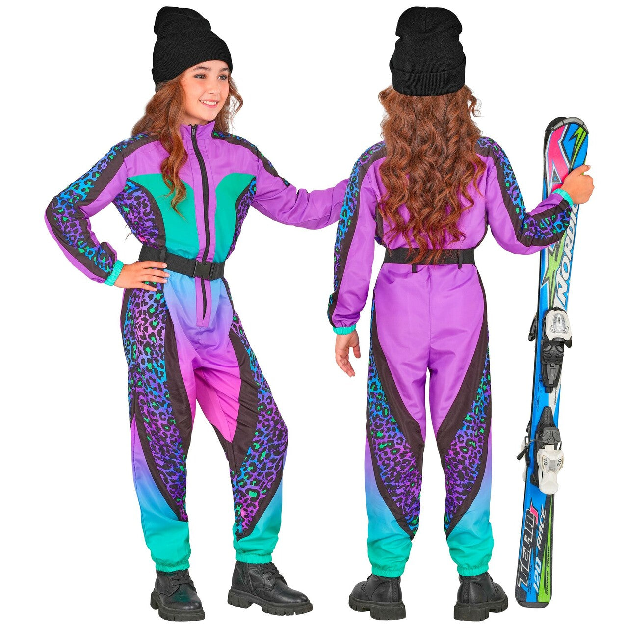Op deze afbeelding zie je een Kostuums, van het merk Widmann. Wildebras 90s Ski Pak Meisje