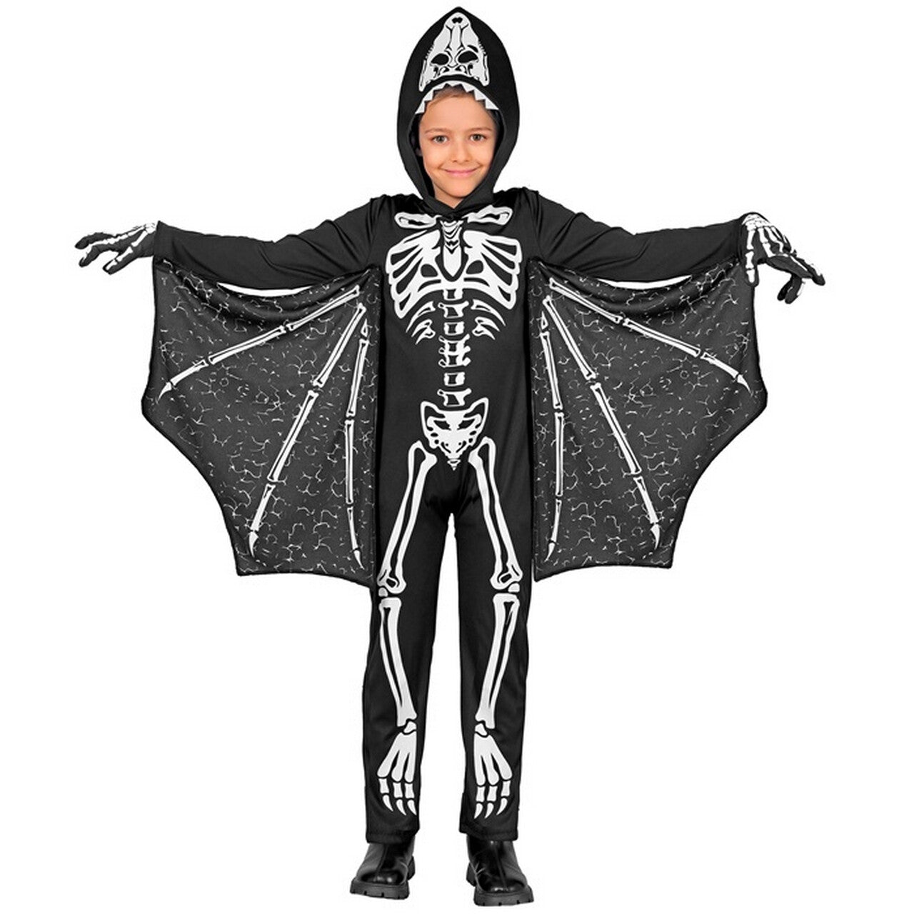 Op deze afbeelding zie je een Kostuums, van het merk Widmann. Halloween Skelet Dino Kind Kostuum