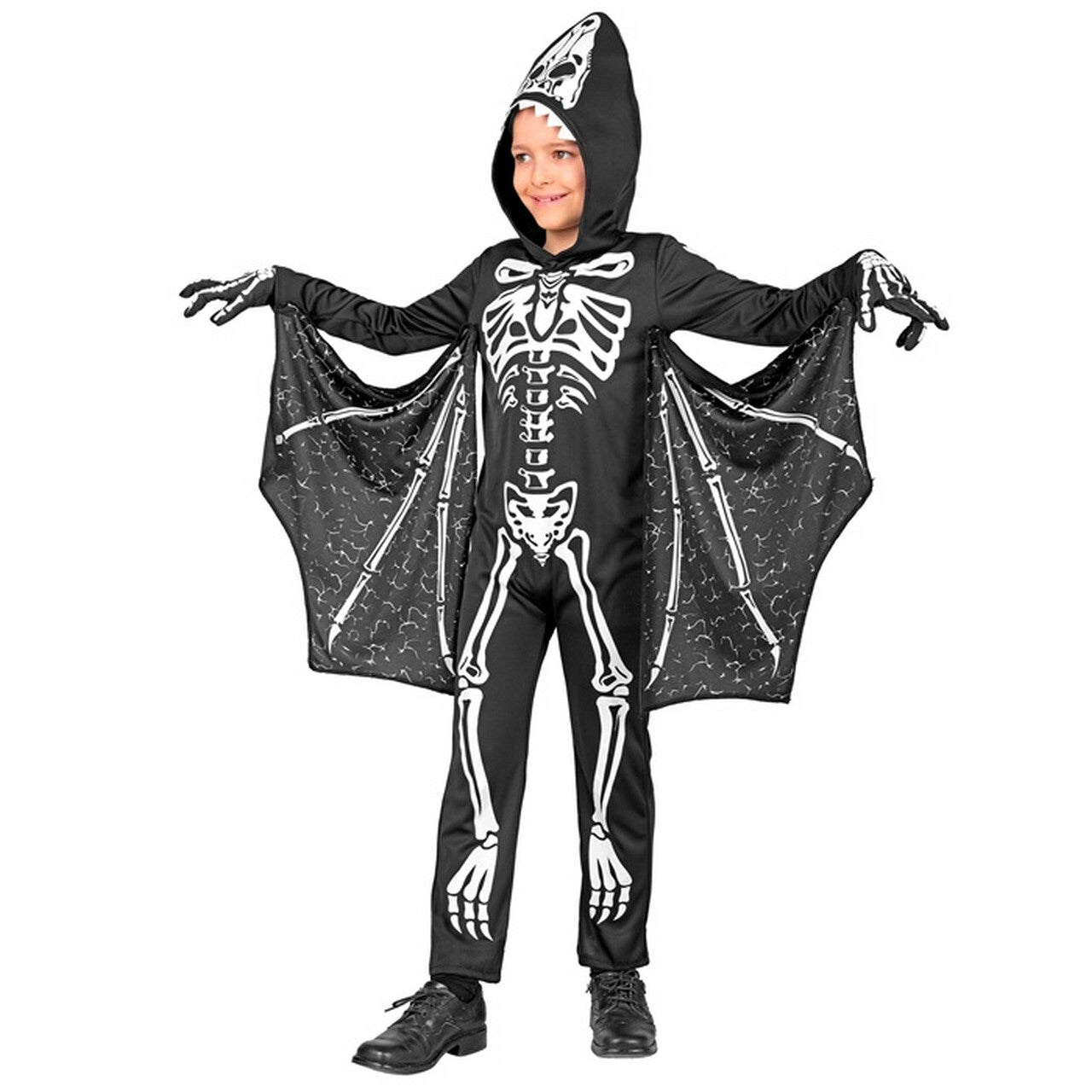 Op deze afbeelding zie je een Kostuums, van het merk Widmann. Halloween Skelet Dino Kind Kostuum