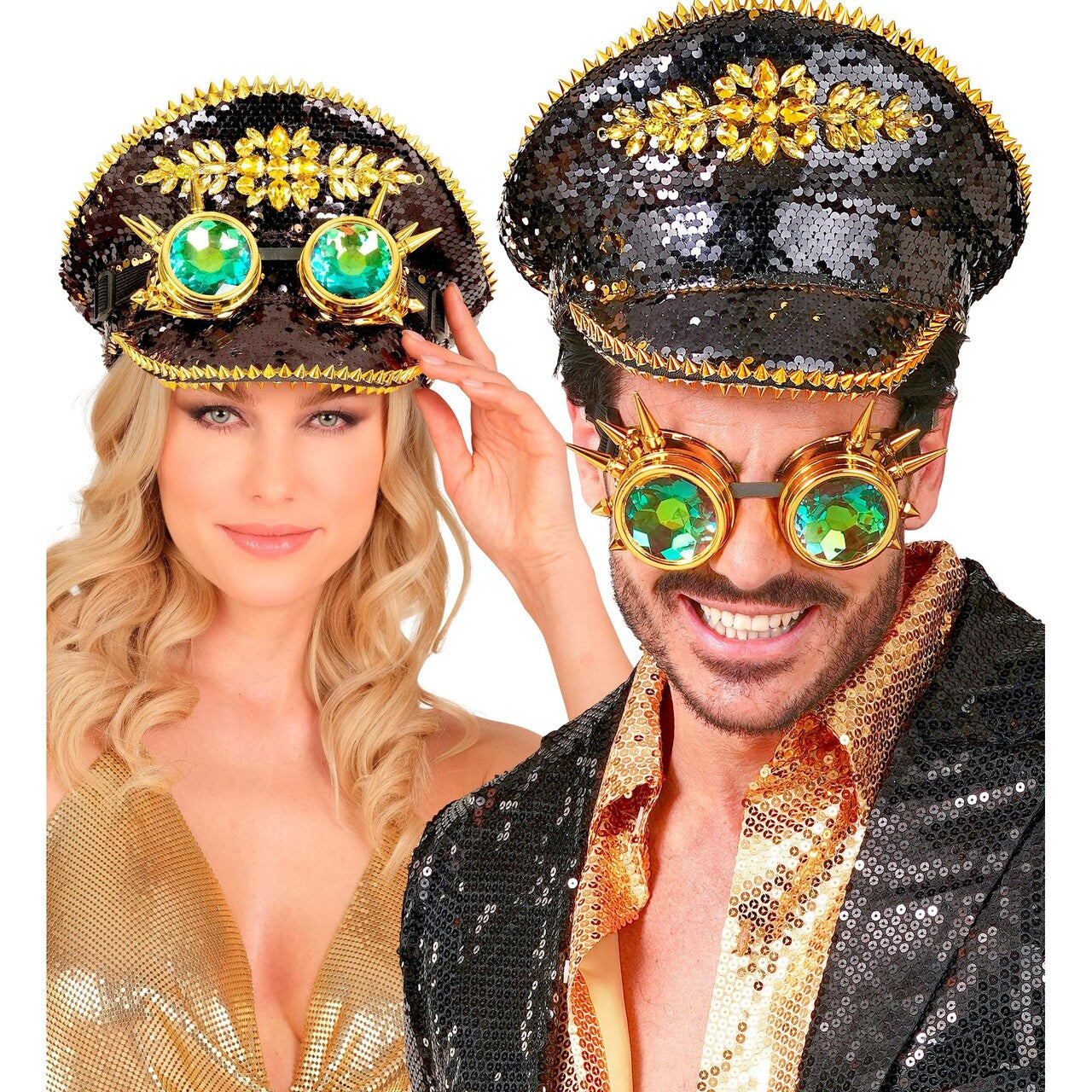 Op deze afbeelding zie je een Accessoires, van het merk Widmann. Zwarte Futuristische Pailletten Pet Met Bril Burning Man