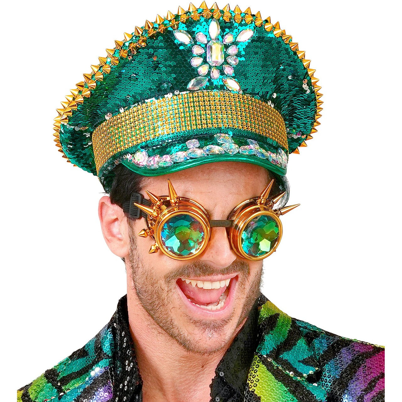 Op deze afbeelding zie je een Accessoires, van het merk Widmann. Groene Futuristische Pailletten Pet Met Bril Burning Man