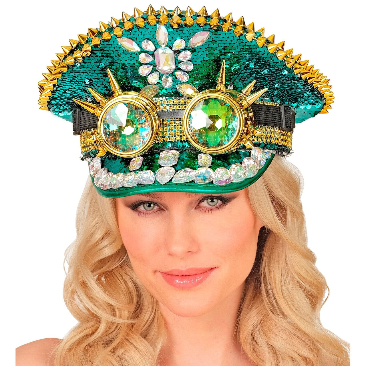Op deze afbeelding zie je een Accessoires, van het merk Widmann. Groene Futuristische Pailletten Pet Met Bril Burning Man