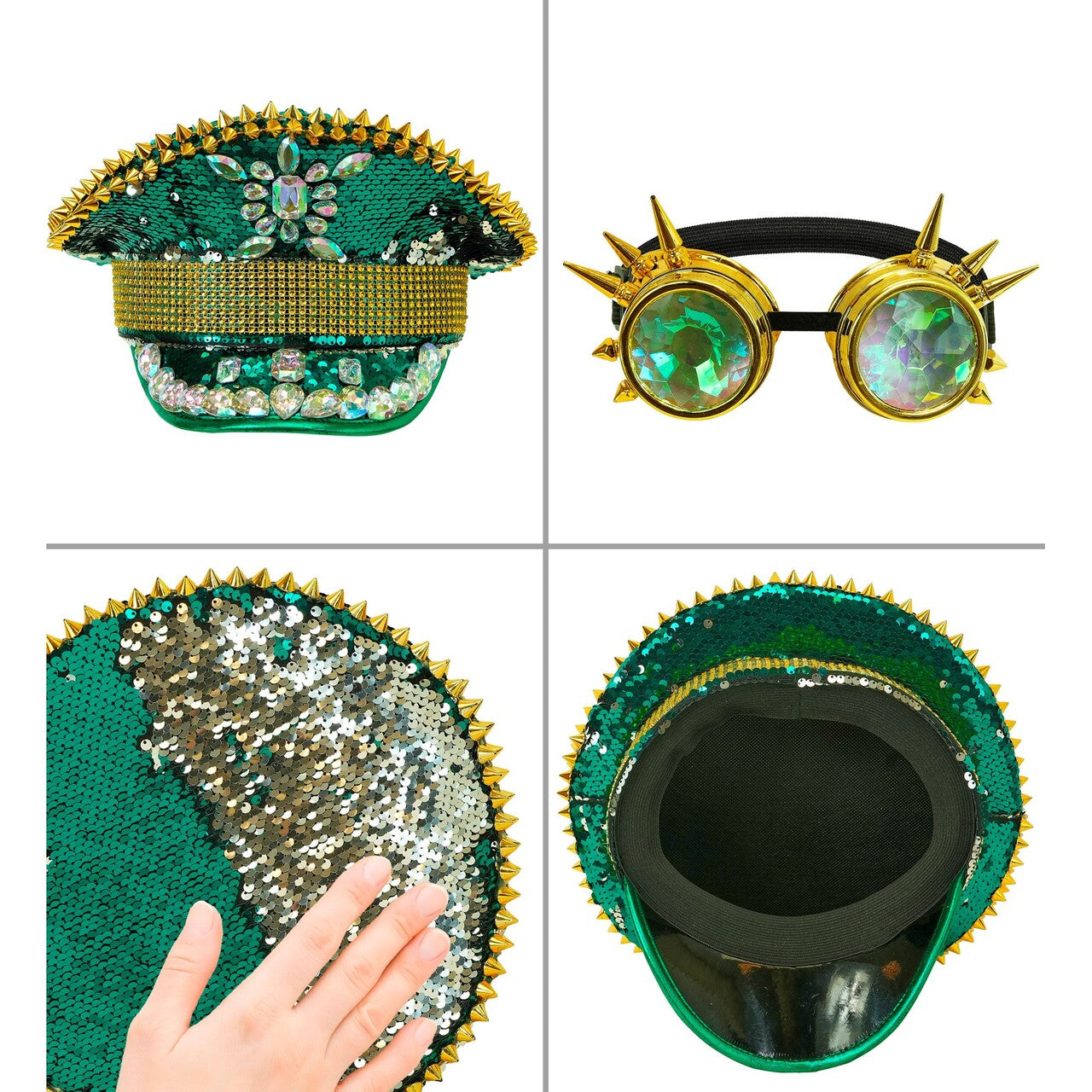 Op deze afbeelding zie je een Accessoires, van het merk Widmann. Groene Futuristische Pailletten Pet Met Bril Burning Man