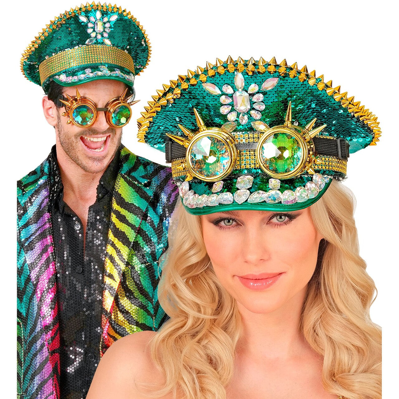 Op deze afbeelding zie je een Accessoires, van het merk Widmann. Groene Futuristische Pailletten Pet Met Bril Burning Man