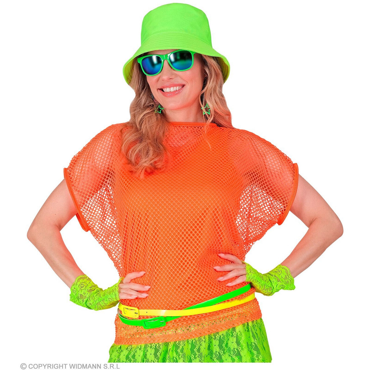 Op deze afbeelding zie je een Kostuums, van het merk Widmann. Visnet T-Shirt Neon Oranje Vrouw