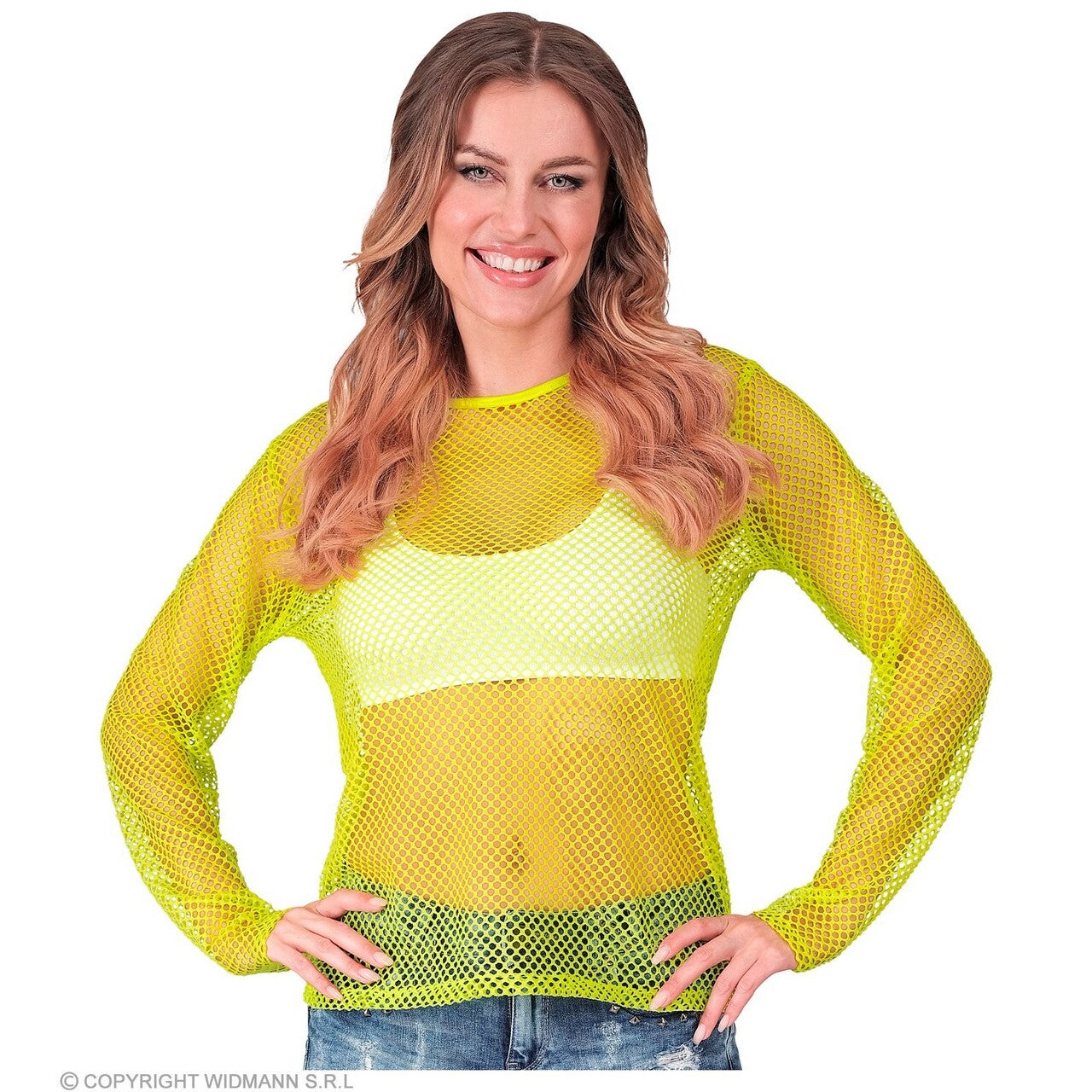 Op deze afbeelding zie je een Kostuums, van het merk Widmann. Visnet Shirt Neon Geel Vrouw