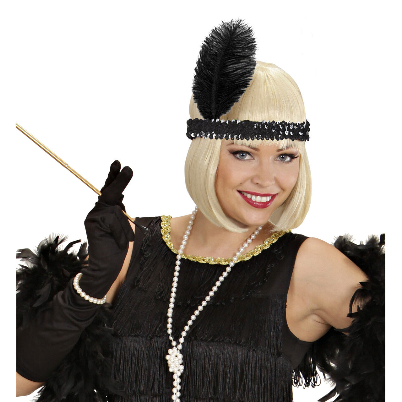 Op deze afbeelding zie je een Accessoires, van het merk Widmann. Roaring 20s Pailletten Hoofdband Met Zwarte Veer