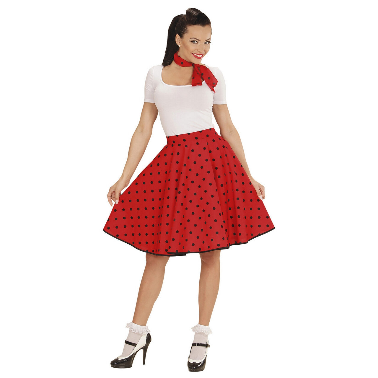 Op deze afbeelding zie je een Kostuums, van het merk Widmann. Red Doll 50s Rock And Roll Rok Met Nekband, Rood Vrouw Kostuum