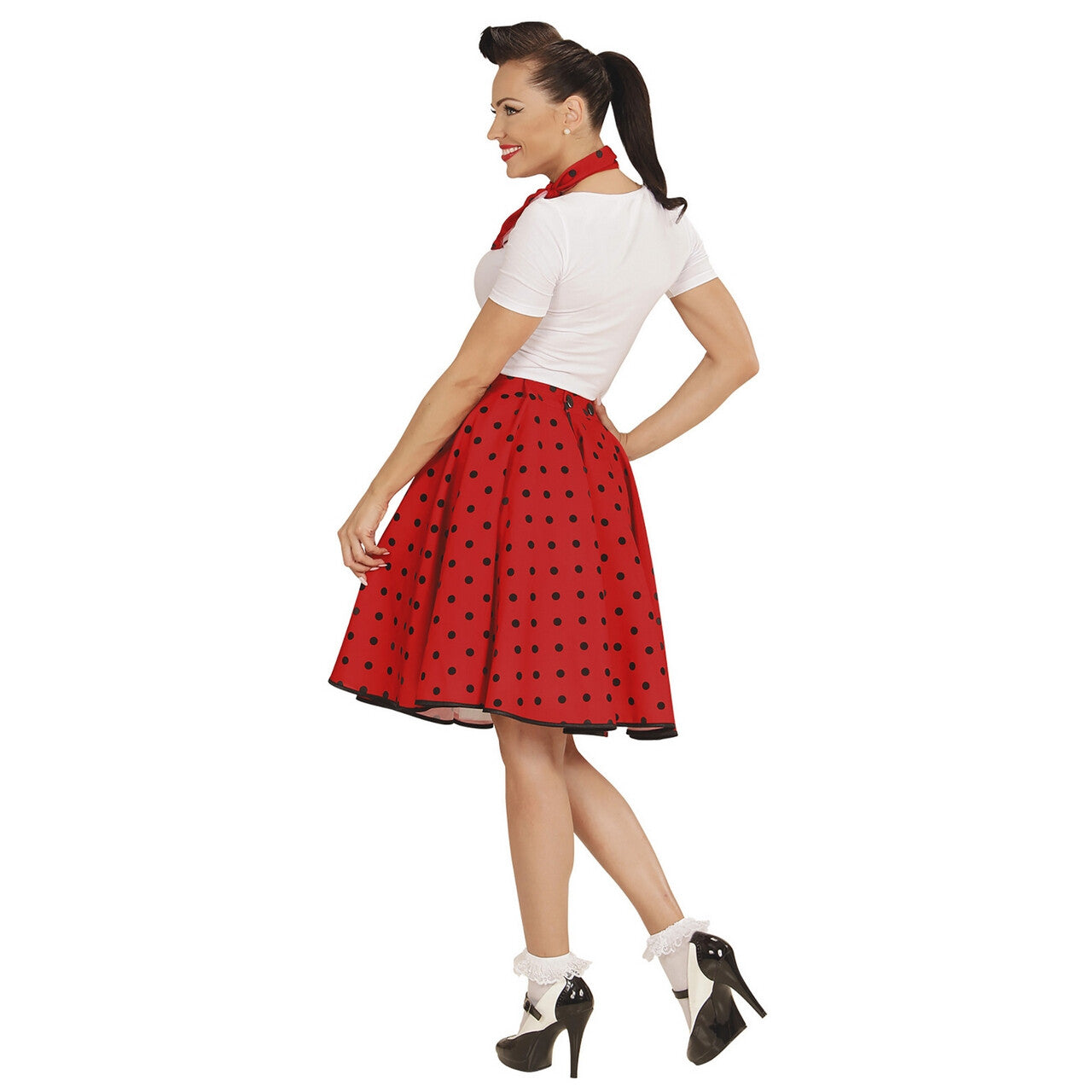 Op deze afbeelding zie je een Kostuums, van het merk Widmann. Red Doll 50s Rock And Roll Rok Met Nekband, Rood Vrouw Kostuum