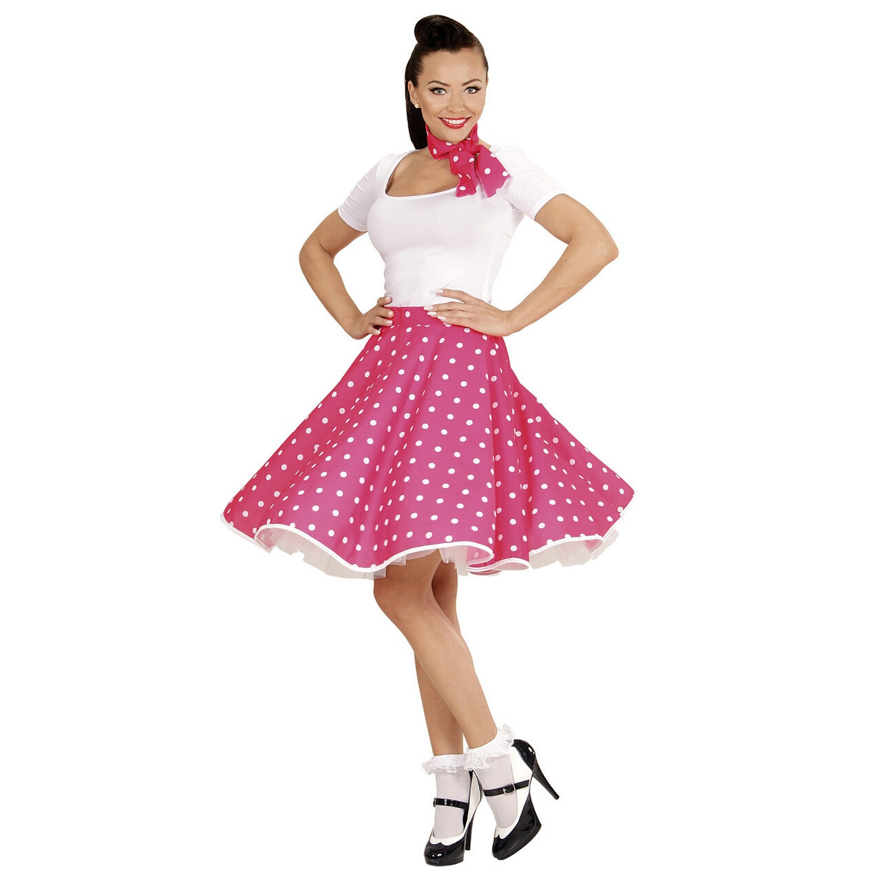 Op deze afbeelding zie je een Kostuums, van het merk Widmann. 50s Rock And Roll Rok Met Nekband, Roze Pink Jumper Vrouw Kostuum
