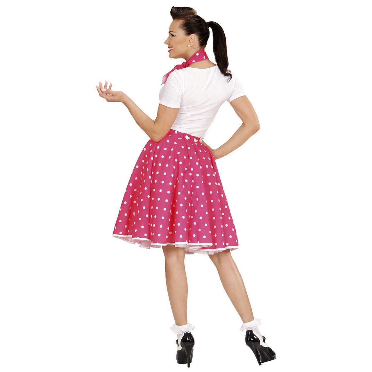 Op deze afbeelding zie je een Kostuums, van het merk Widmann. 50s Rock And Roll Rok Met Nekband, Roze Pink Jumper Vrouw Kostuum