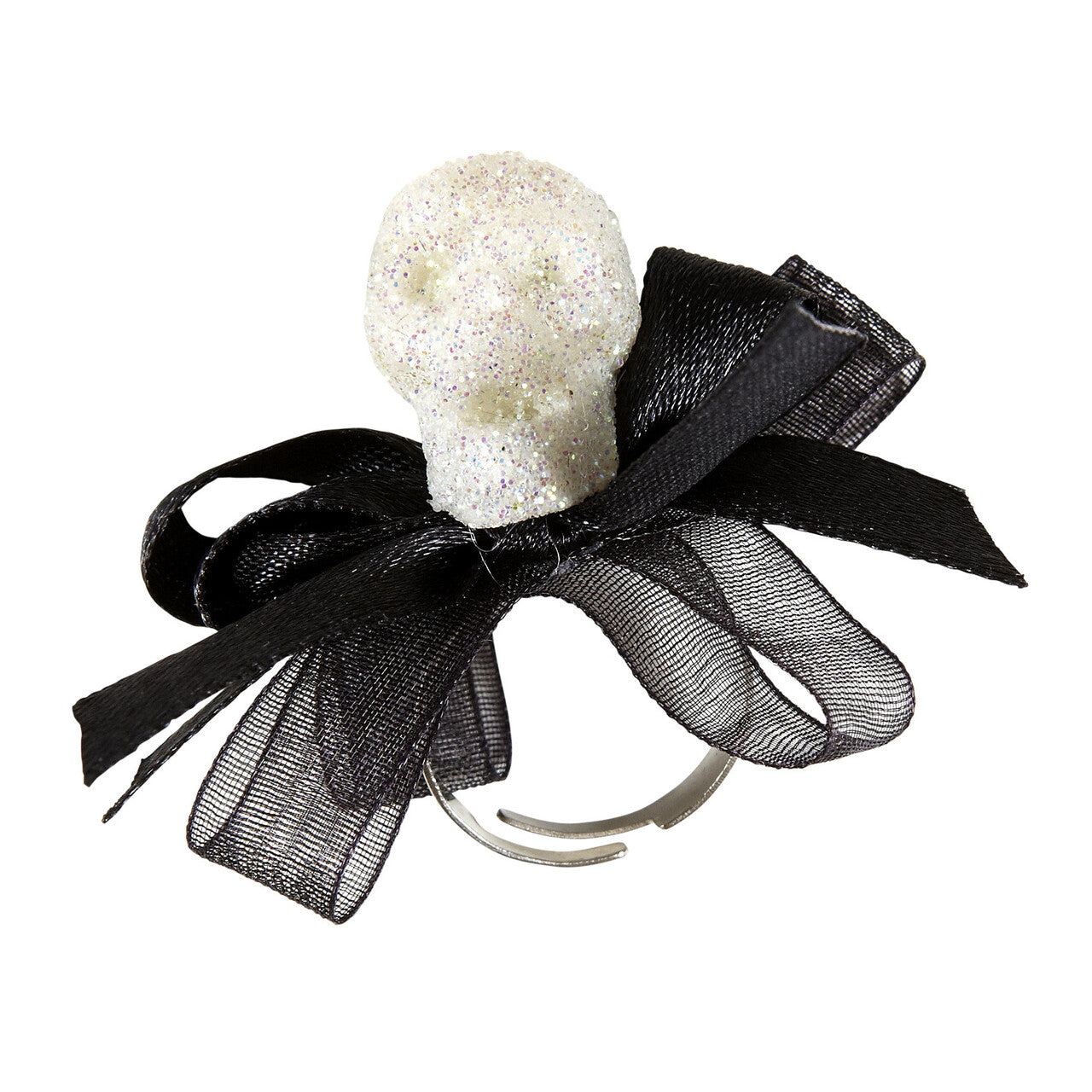 Op deze afbeelding zie je een Accessoires, van het merk Widmann. Fancy Ring Glitter Schedel Met Strikje