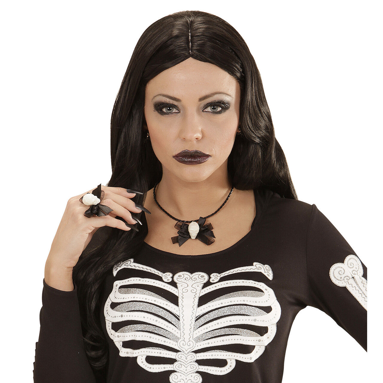 Op deze afbeelding zie je een Accessoires, van het merk Widmann. Halloween Juweel Ketting Glitter Schedel Met Strikje