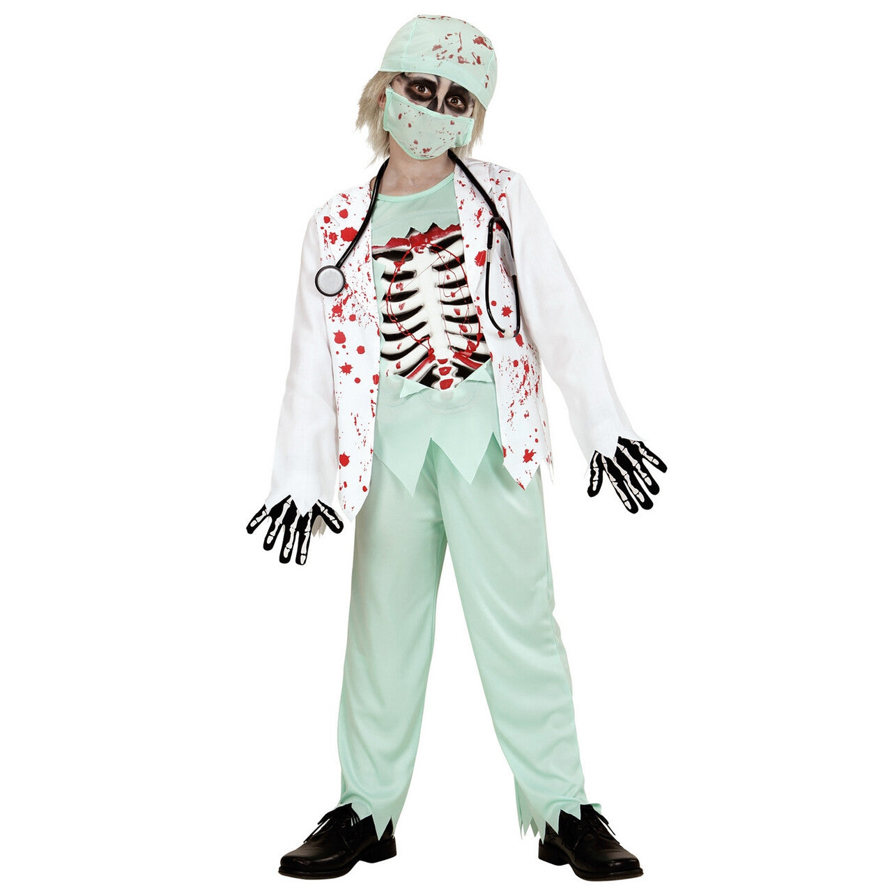 Op deze afbeelding zie je een Kostuums, van het merk Widmann. Skelet Zombie Dokter Jongen Kostuum