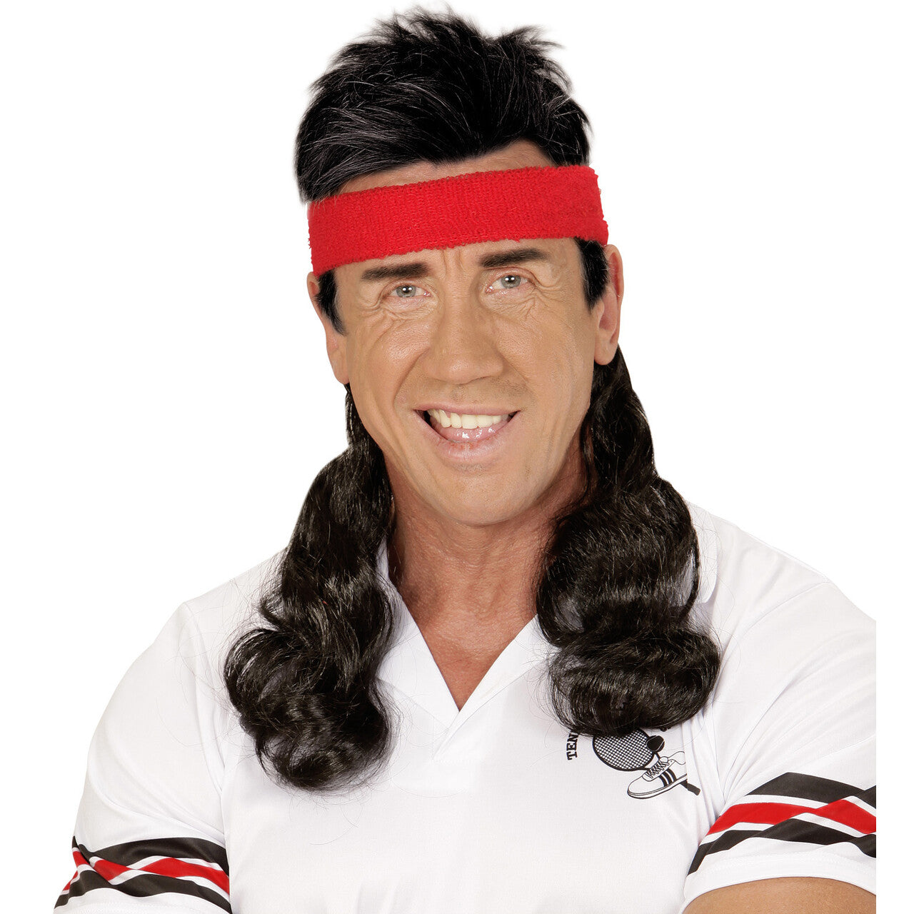 Op deze afbeelding zie je een Accessoires, van het merk Widmann. Sporty Rode Zweetband Met Zwart Gekruld Haar