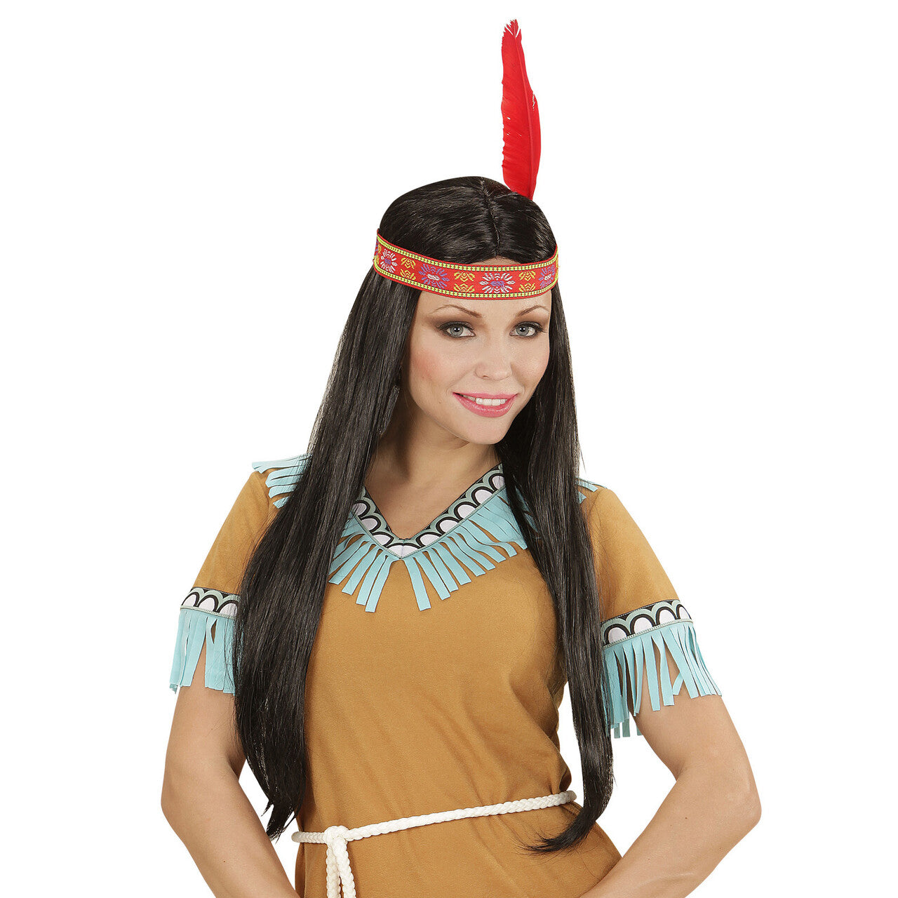 Op deze afbeelding zie je een Accessoires, van het merk Widmann. Shawabata Pruik, Indiaan Met Hoofdband En Veer