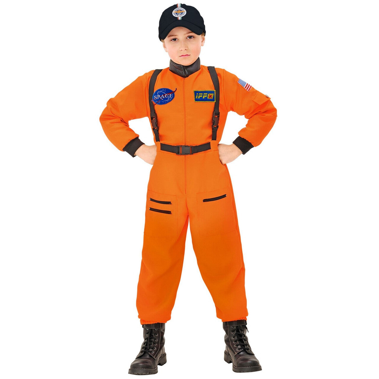 Op deze afbeelding zie je een Kostuums, van het merk Widmann. Amerikaanse Astronaut Oranje Kind Kostuum Jongen