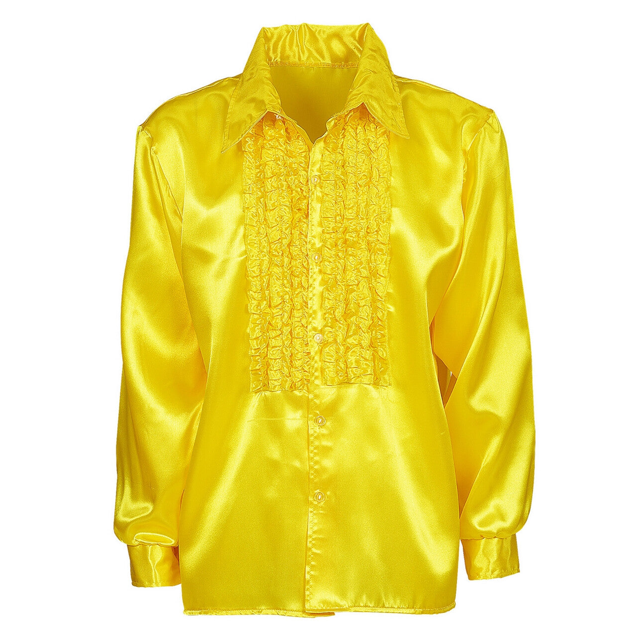 Op deze afbeelding zie je een Kostuums, van het merk Widmann. Lekker Foute Blouse Met Ruches Geel Man