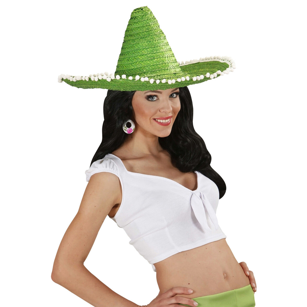 Op deze afbeelding zie je een Accessoires, van het merk Widmann. Sombrero 50cm, Groen Met Pom Poms