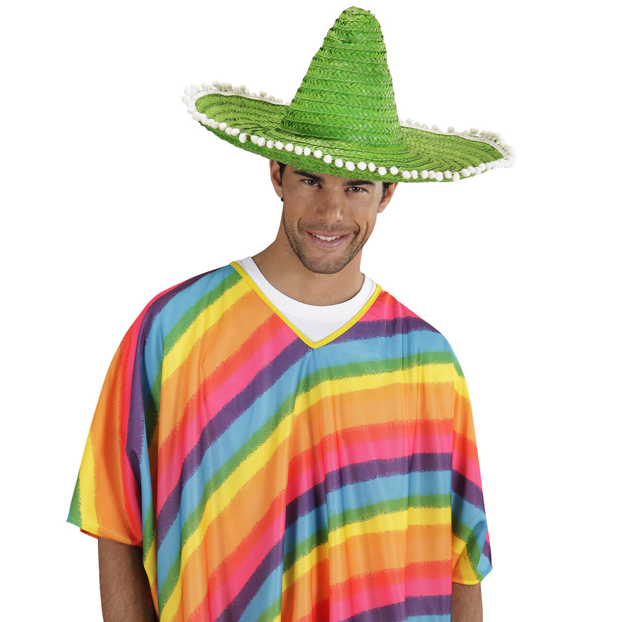 Op deze afbeelding zie je een Accessoires, van het merk Widmann. Sombrero 50cm, Groen Met Pom Poms