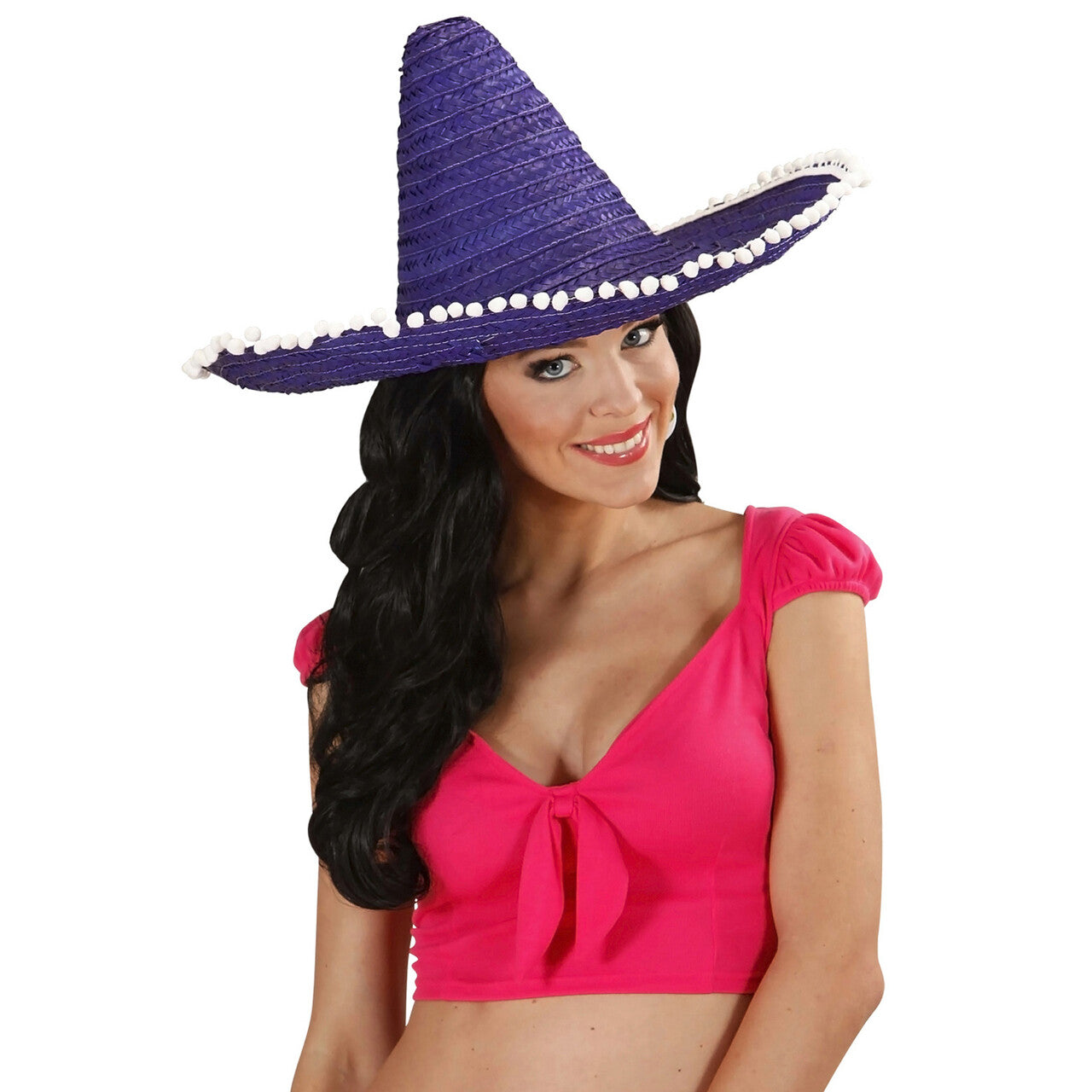 Op deze afbeelding zie je een Accessoires, van het merk Widmann. Sombrero 50cm, Blauw / Paars Met Pom Poms