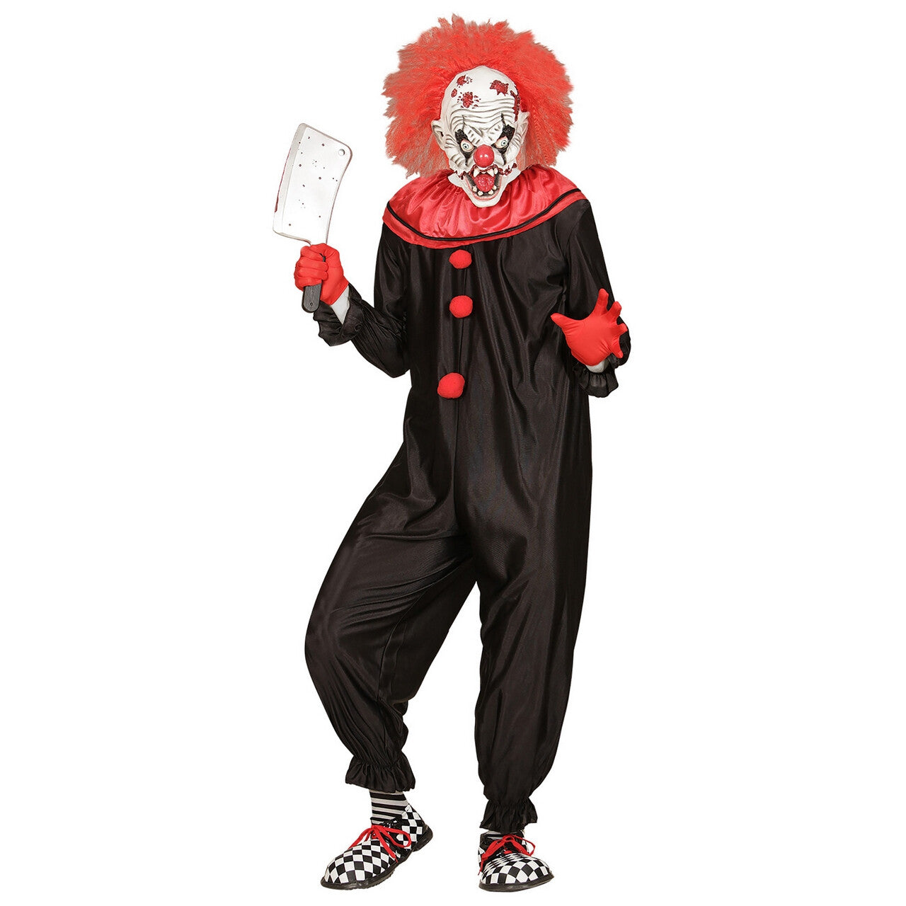 Op deze afbeelding zie je een Kostuums, van het merk Widmann. Zwart Rood Horror Killer Clown Man Kostuum