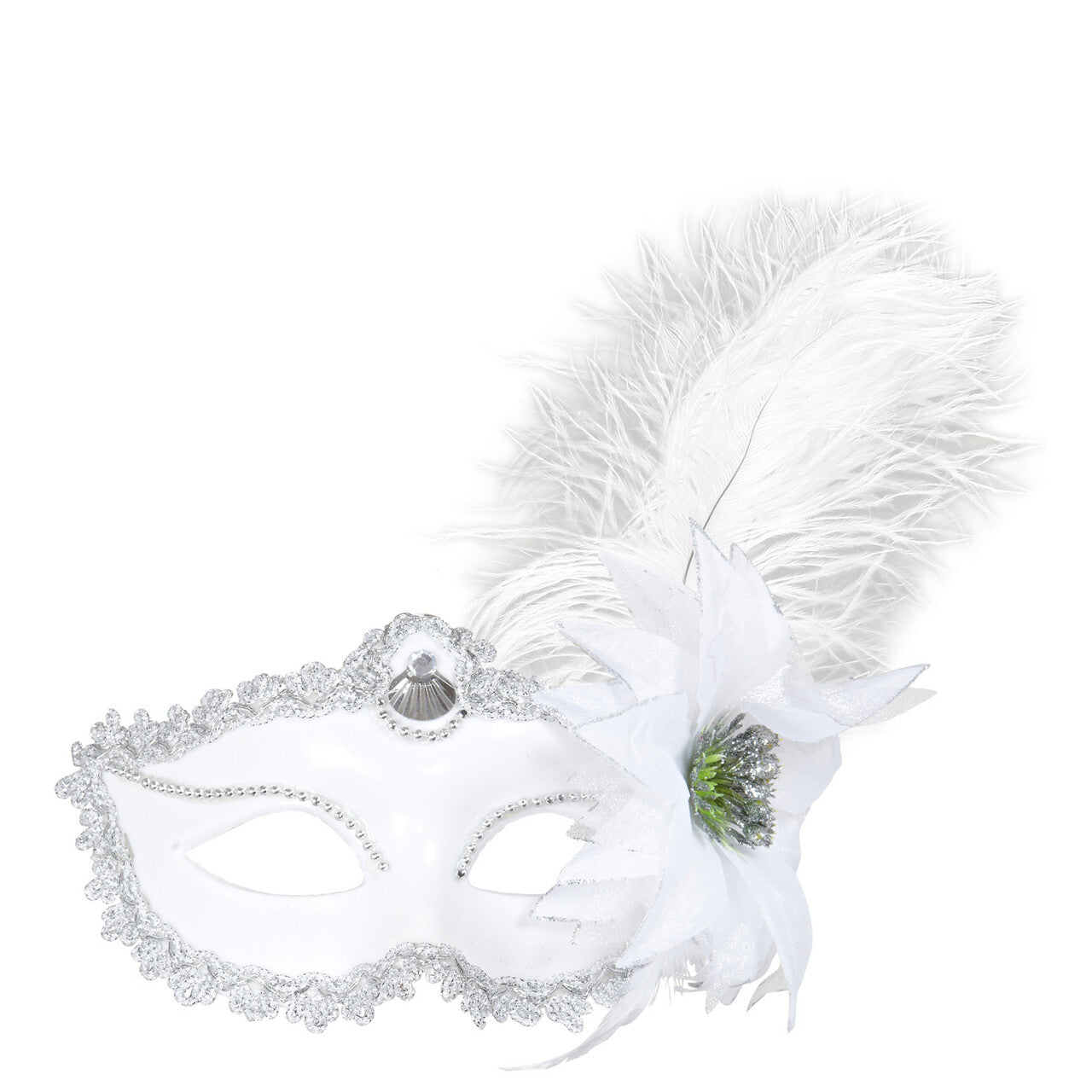 Op deze afbeelding zie je een Accessoires, van het merk Widmann. Oogmasker Wit Met Roos En Veren