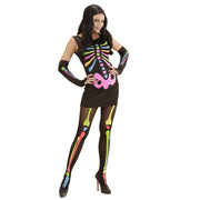 Op deze afbeelding zie je een Kostuums, van het merk Widmann. Neon Skelet Vrouw Disco Horror Kostuum