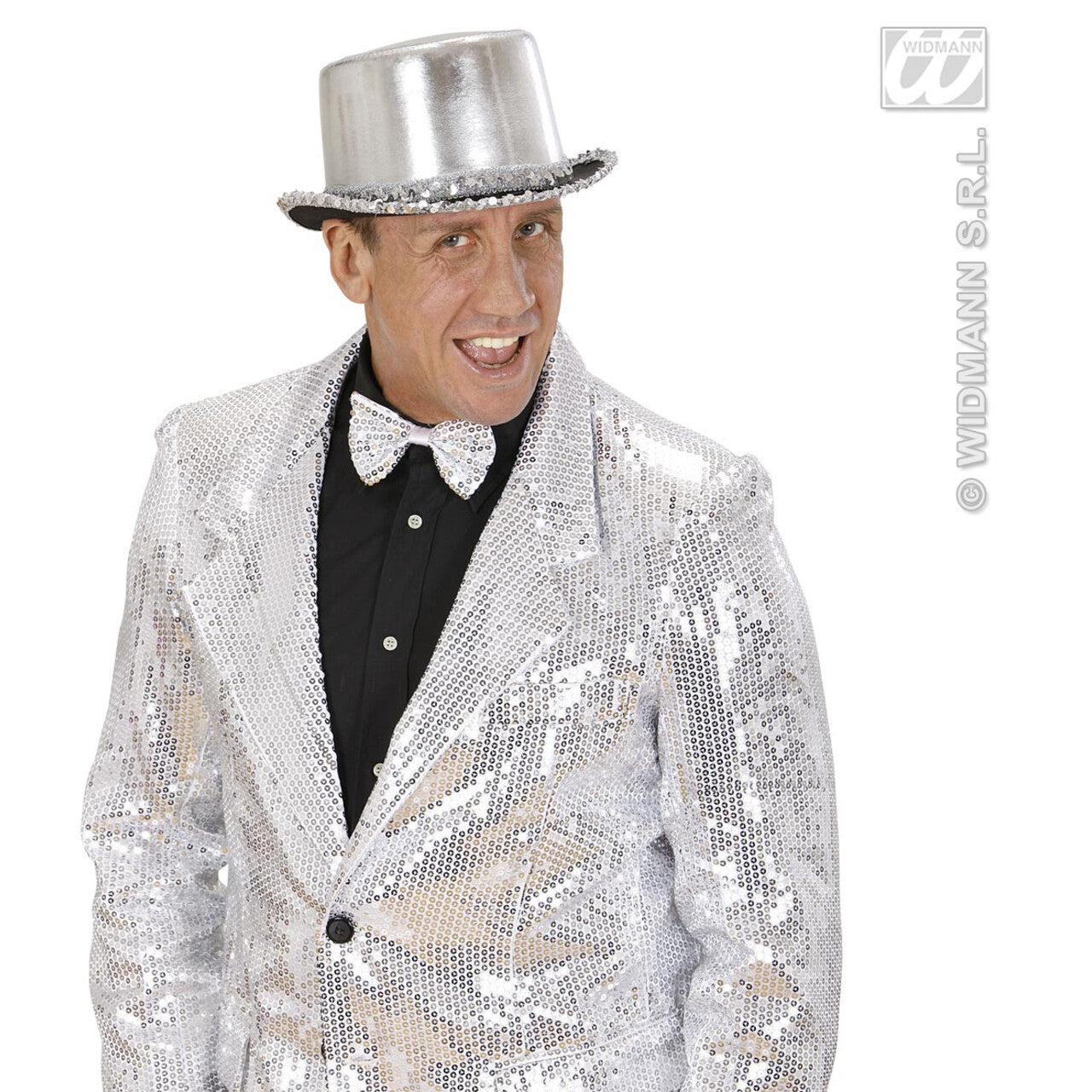 Op deze afbeelding zie je een Accessoires, van het merk Widmann. Hoge Hoed Zilver Met Pailletten Beslag