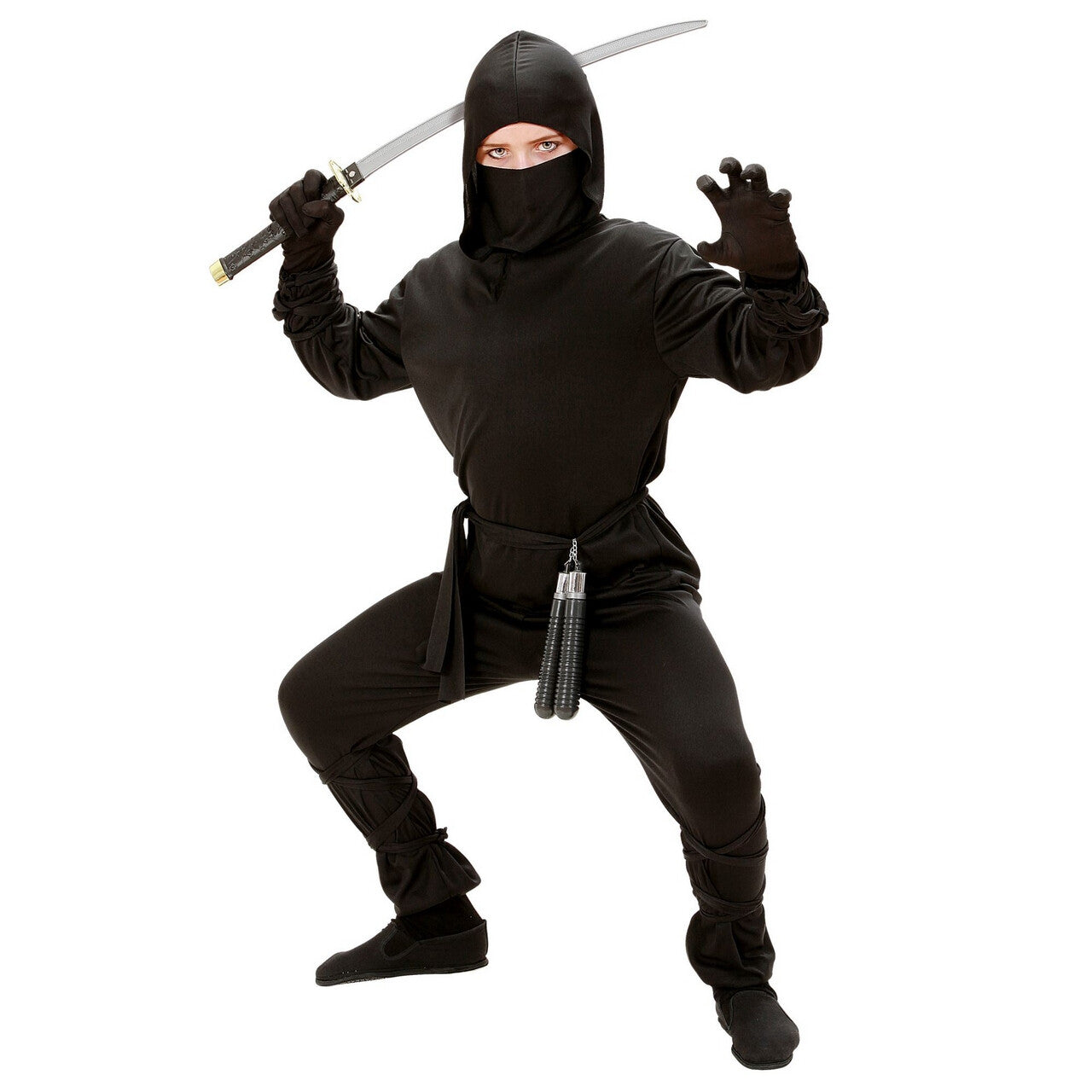 Op deze afbeelding zie je een Kostuums, van het merk Widmann. Zwart Samoerai Running Ninja Kostuum Jongen