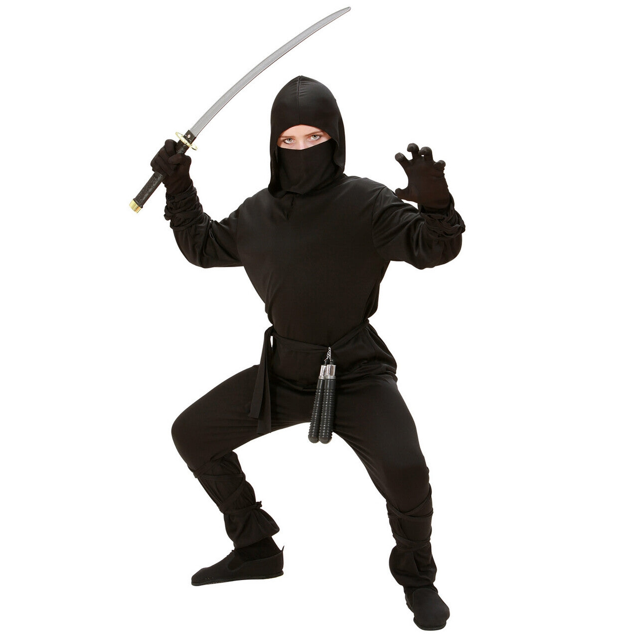 Op deze afbeelding zie je een Kostuums, van het merk Widmann. Zwart Samoerai Running Ninja Kostuum Jongen