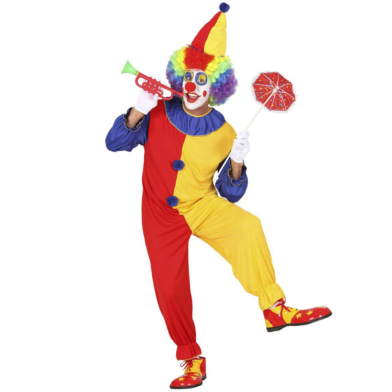 Op deze afbeelding zie je een Kostuums, van het merk Widmann. Vrolijke Geel Rode Clown Kostuum Man