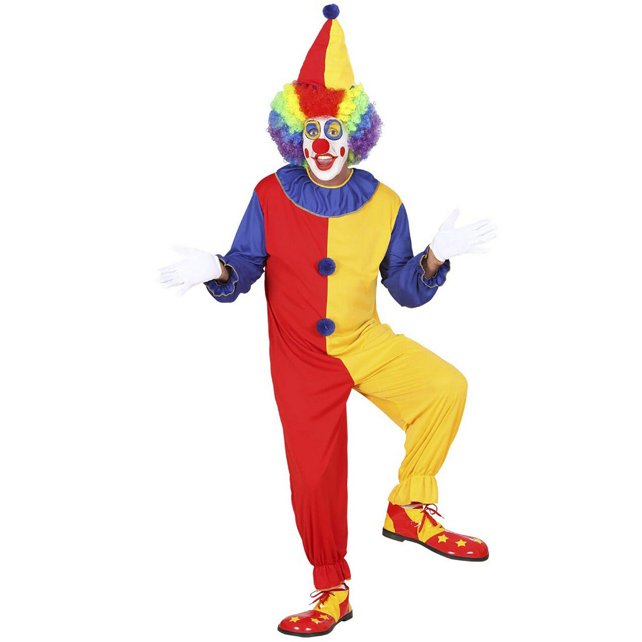 Op deze afbeelding zie je een Kostuums, van het merk Widmann. Vrolijke Geel Rode Clown Kostuum Man
