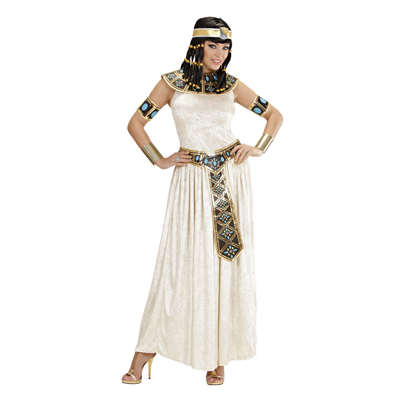 Op deze afbeelding zie je een Kostuums, van het merk Widmann. Lange Egyptische Keizerin Kostuum Vrouw