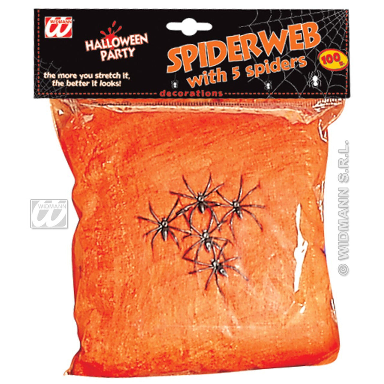 Op deze afbeelding zie je een Decoratie, van het merk Widmann. Spinnenweb Rood, 100gram Met 5 Spinnen