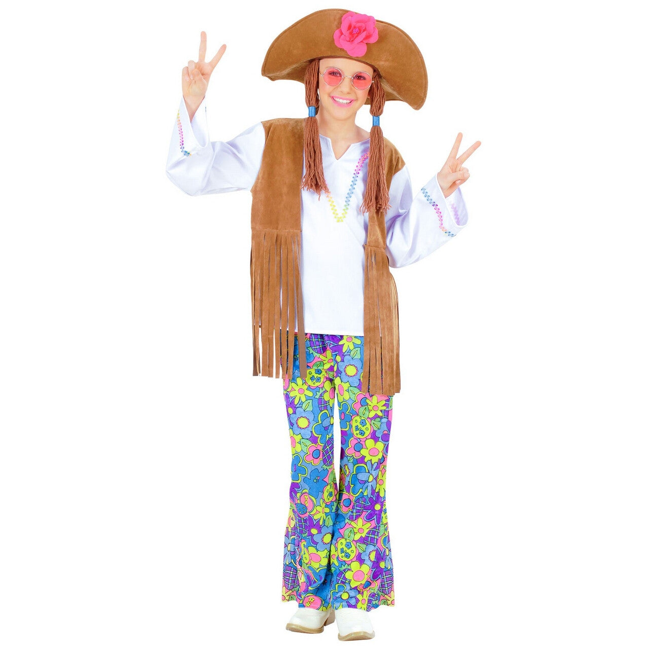Op deze afbeelding zie je een Kostuums, van het merk Widmann. Hippie Meisje Woodstock Love And Peace Kostuum