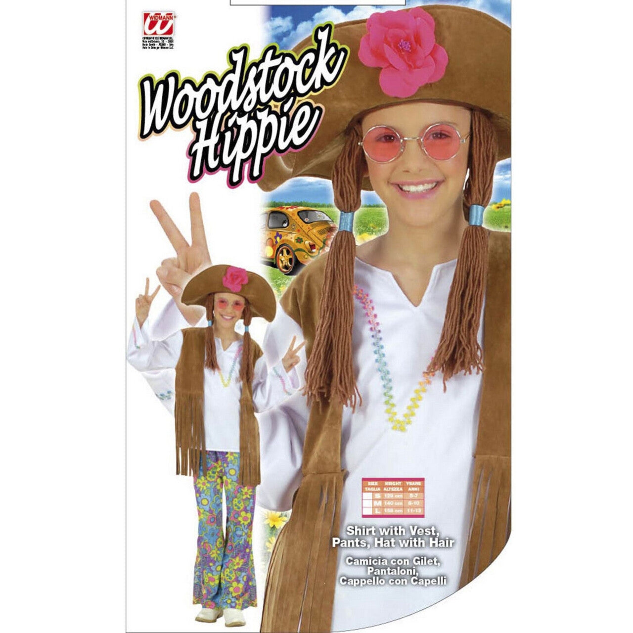 Op deze afbeelding zie je een Kostuums, van het merk Widmann. Hippie Meisje Woodstock Love And Peace Kostuum