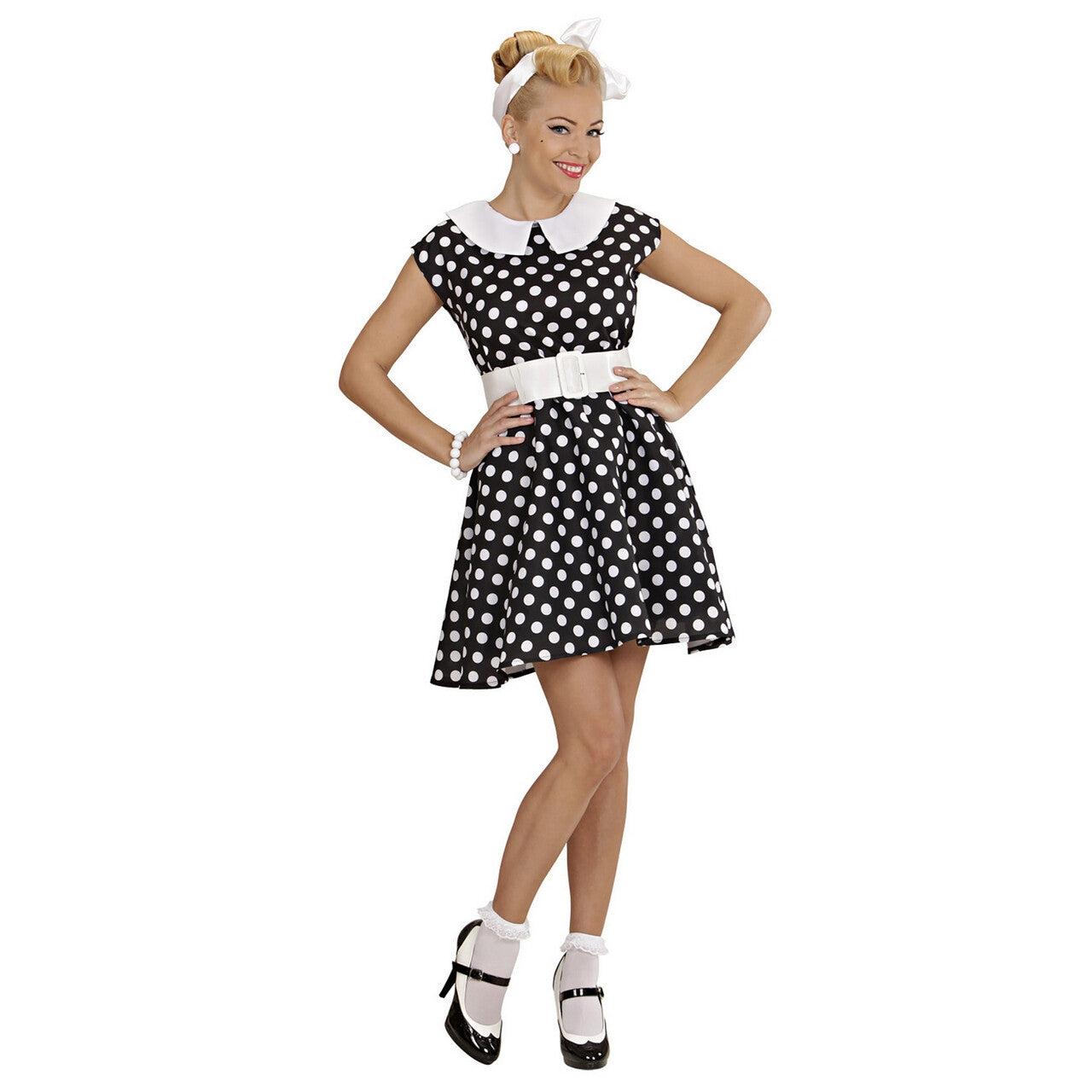 Op deze afbeelding zie je een Kostuums, van het merk Widmann. Jurk 50s Zwart Ms Diner Kostuum Vrouw