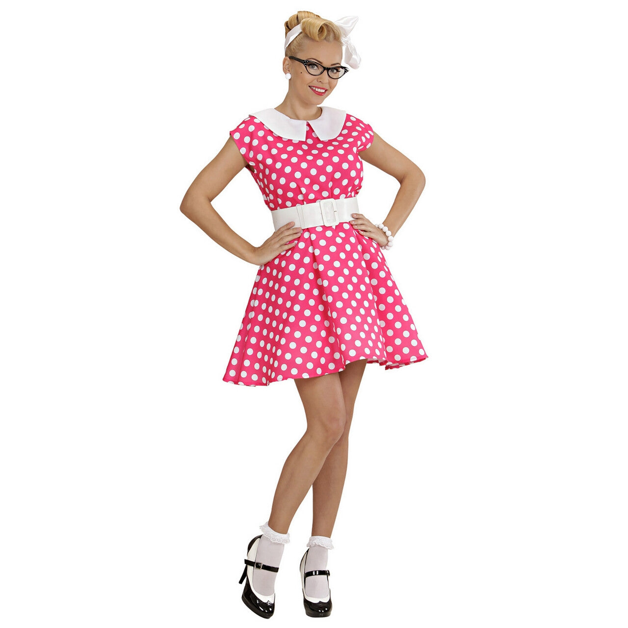Op deze afbeelding zie je een Kostuums, van het merk Widmann. Jurk 50s Roze Ms Diner Kostuum Vrouw